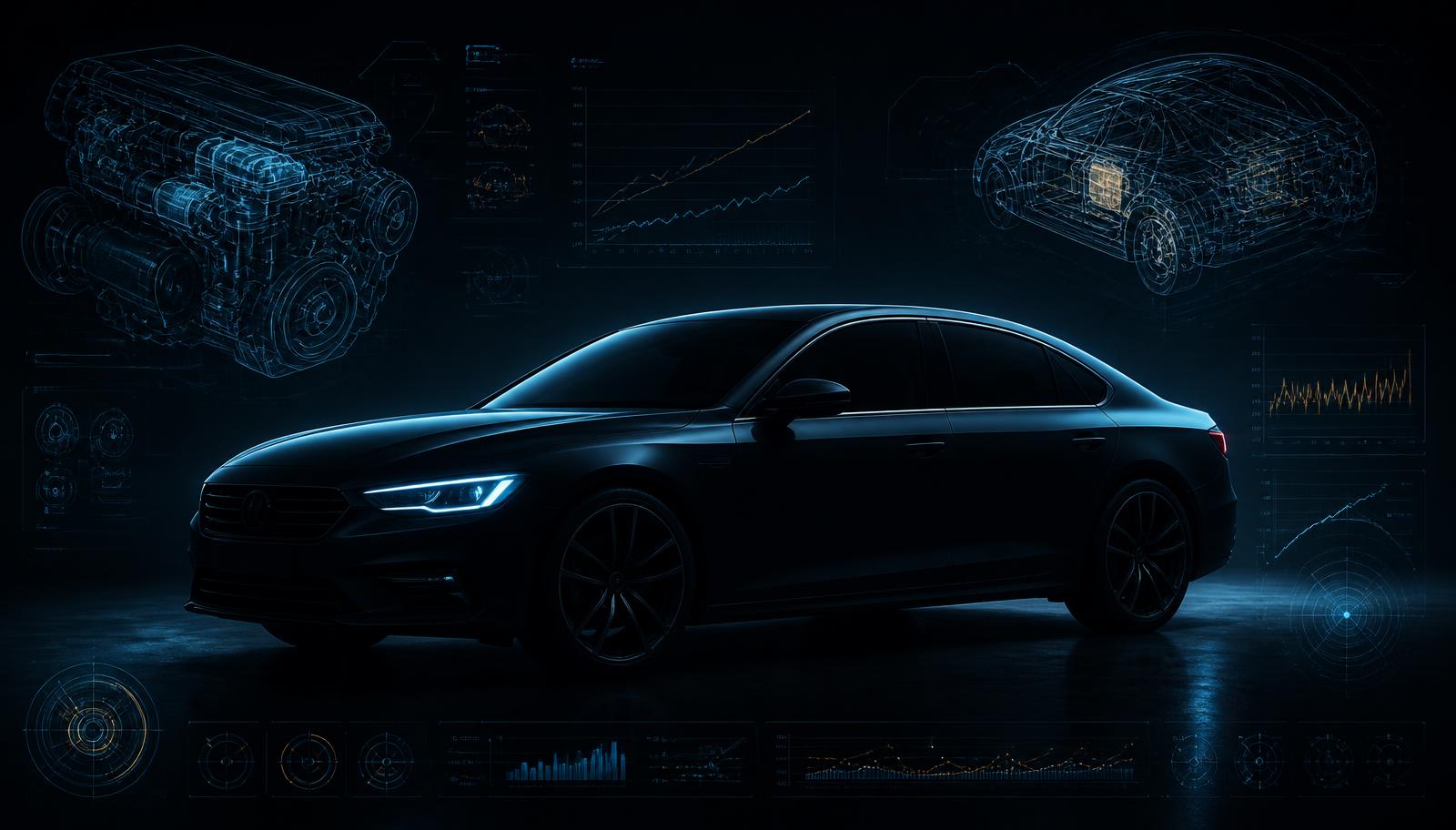 Car reliability analysis: sedan with engine schematics and diagnostic data overlays