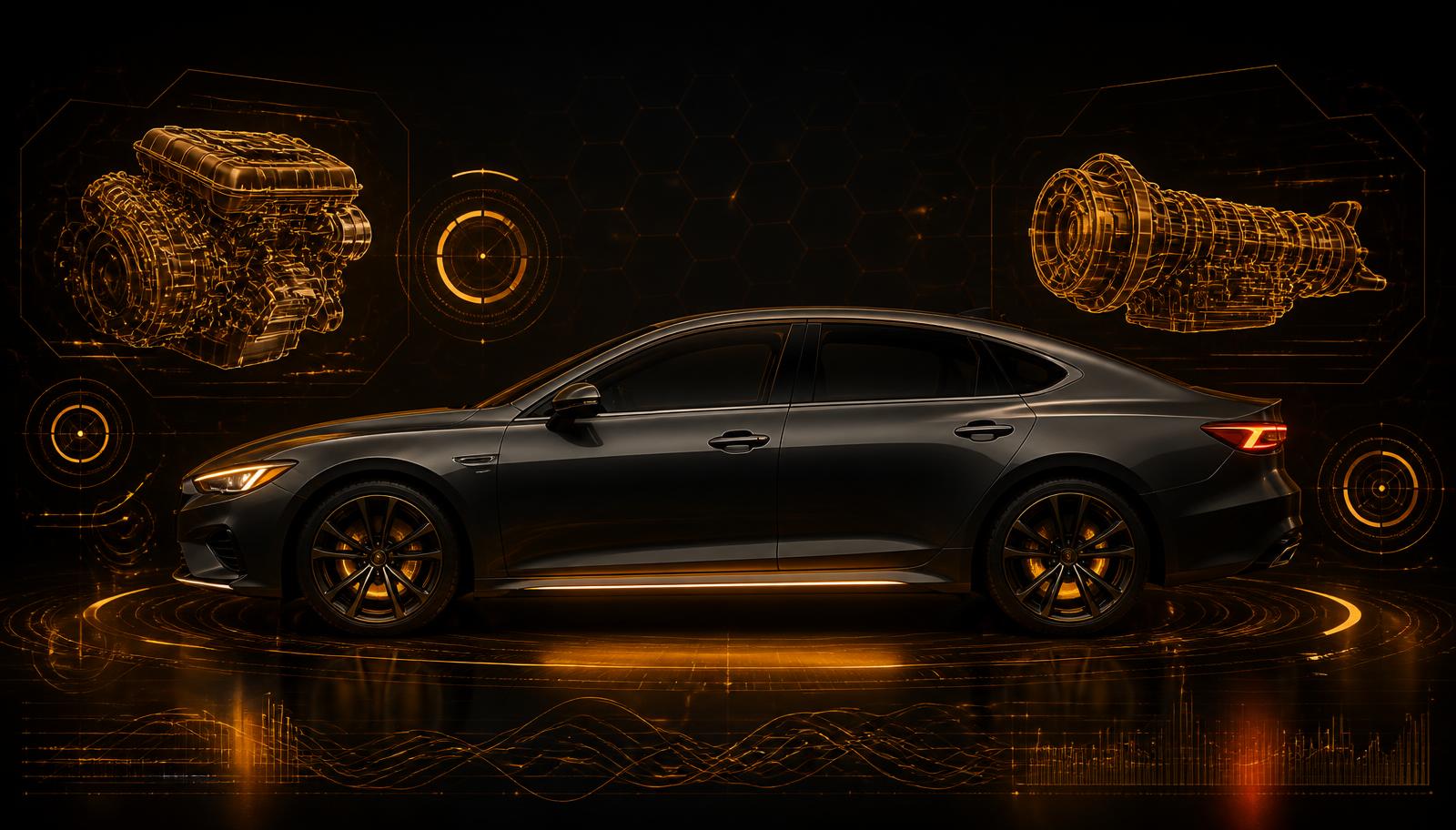 Car reliability analysis: sedan with engine schematics and diagnostic data overlays
